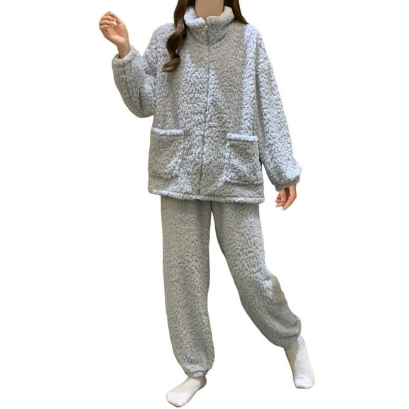 Bibifish Womens Pajama Sets Light Blue Zip-Up Fleece Long Sleeve Sleepwear Sets Pocket Top With Elastic Waist Pants 2 Piece Warm Fluffy Nightwear Sets