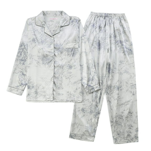 Bibifish Womens Pajama Sets Light Gray Floral Pattern Long Sleeve Button Down Loose Fit Top With Pant Soft Breathable Nightwear Sets