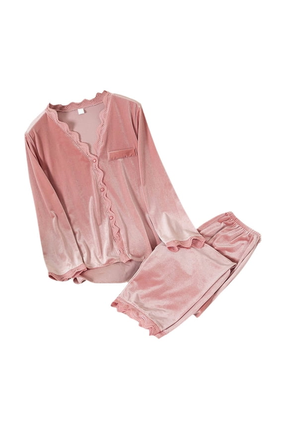 Womens Pajama Sets Long Sleeve Velvet Lace Sleepwear Botton Up V Neck Tops And Pants Sweet Two Piece Sets Ladies' Home Nightwear