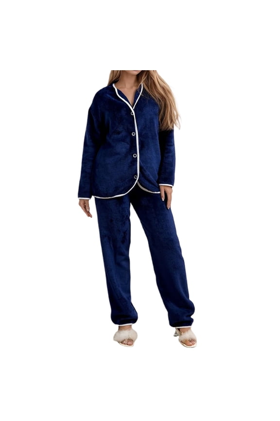 Womens Pajama Sets Navy Plush Trimmed Button Down Long Sleeve Sleepwear Sets Top With Jogger Pant Warm Cozy Fleece Nightwear Sets