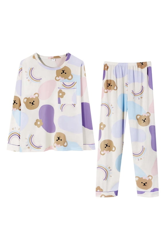 Womens Pajama Sets Oversized Cute Bear Print Pjs Sets Long Sleeve Crewneck Tees With Wide Leg Pant Two Piece Home Wear Sets