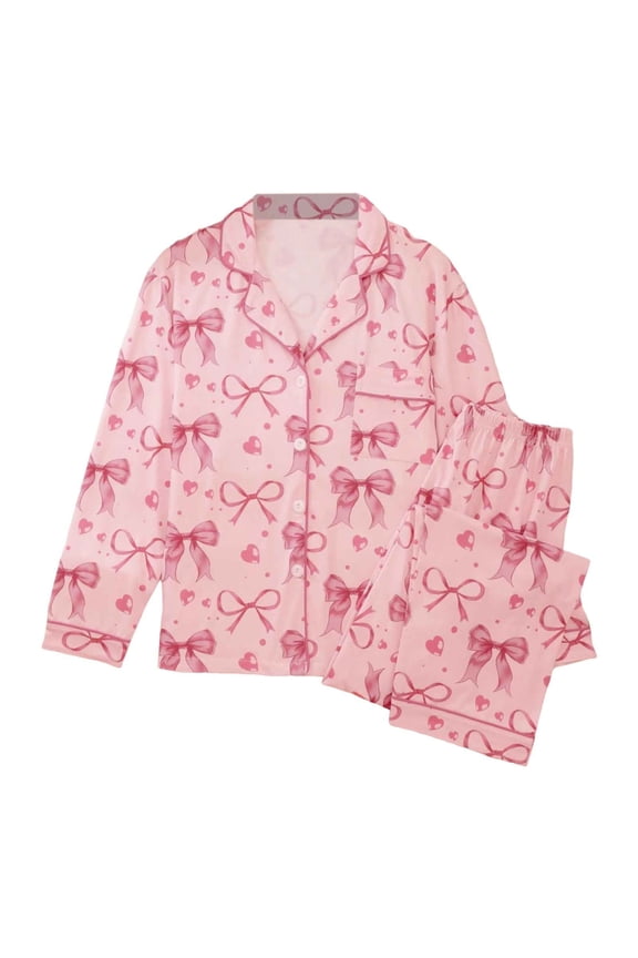 Womens Pajama Sets Pink Bow Printed Long Sleeve Sleepwear Sets Loose Fit Button Down Pj Top With Pant Valentine'S Day Nightwear Sets