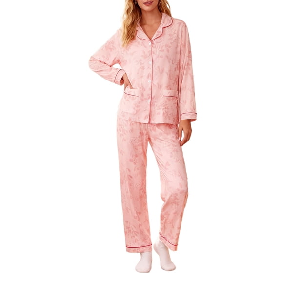 Bibifish Womens Pajama Sets Pink Floral Printed Button Down Long Sleeve Sleepwear Sets Top With Wide Leg Pant Elegant Nightwear Sets For Ladies