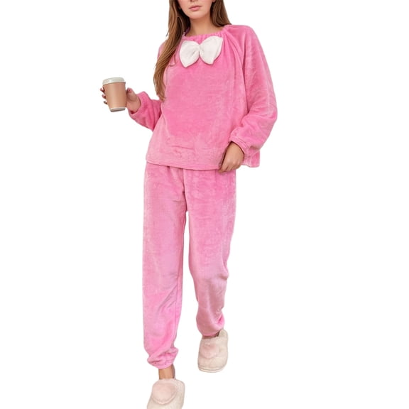 Bibifish Womens Pajama Sets Pink Plush White Bow Embellish Long Sleeve Sleepwear Sets Loose Fit Fleece Top With Jogger Pant Warm Cozy Pj Sets