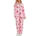 thumbnail image 1 of Bibifish Womens Pajama Sets Pink Red Bow Print Long Sleeve Button Down Top With Elastic Waist Pant Elegant Loose Fit 2 Piece Nightwear Sets, 1 of 6