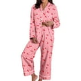 thumbnail image 1 of Bibifish Womens Pajama Sets Pink Stripe & Cherry Printed Long Sleeve Sleepwear Sets Button Down Pj Top With Elastic Waist Pants Cute 2 Piece Pj Sets, 1 of 8