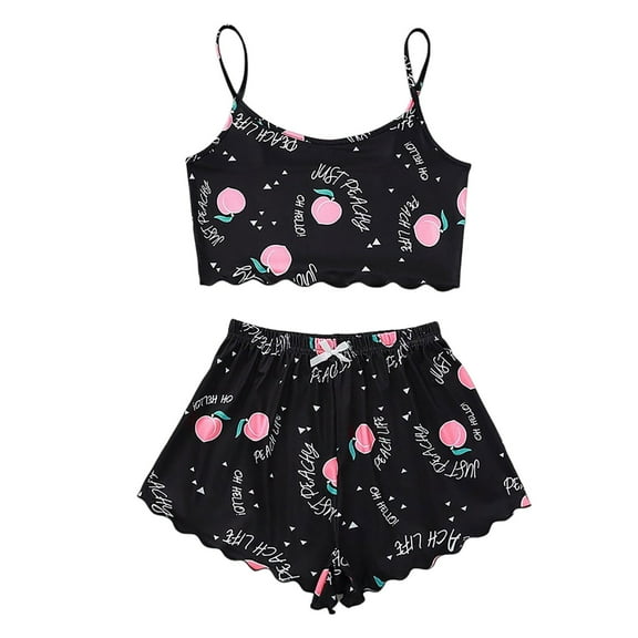 Bibifish Womens Pajama Sets Retro Graphic Printed Camisole Top And Plaid Printed Shorts Home Suits Summmer Cozy Sleepwear Sets For Ladies