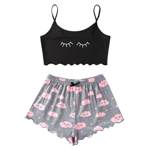 Bibifish Womens Pajama Sets Retro Graphic Printed Camisole Top And Plaid Printed Shorts Home Suits Summmer Cozy Sleepwear Sets For Ladies