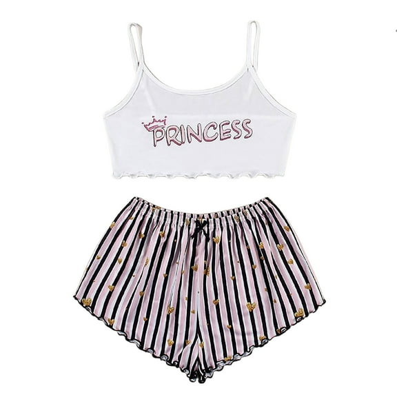 Bibifish Womens Pajama Sets Retro Graphic Printed Camisole Top And Plaid Printed Shorts Home Suits Summmer Cozy Sleepwear Sets For Ladies