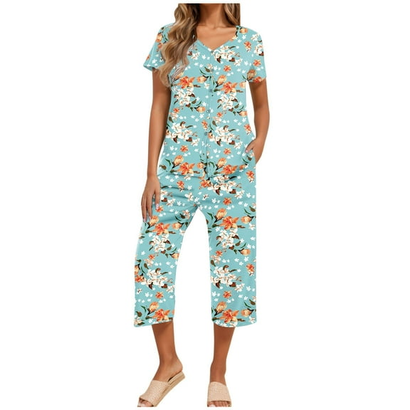 Bibifish Womens Pajama Sets Short Sleeve Button Down Nightwear Classic Floral Printed Pockets Sleepwear V Neck Tops And Capri Pants 2 Piece Pj Sets