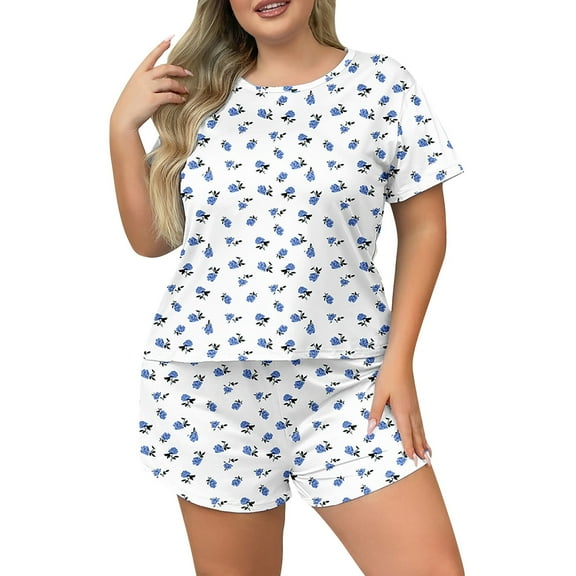 Bibifish Womens Pajama Sets Summer Plus Sized Short Sleeve T-Shirts With Wide Leg Shorts Nightwear Oversized Breathable Loungewear Sets