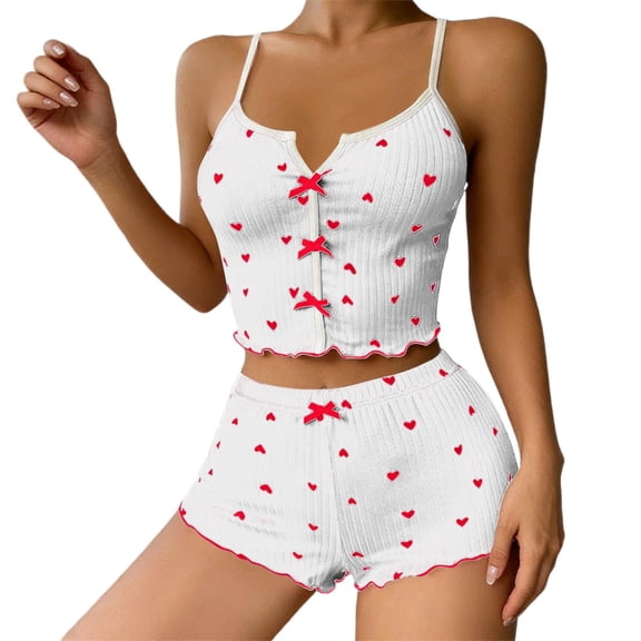 Bibifish Womens Pajama Sets Valentine'S Day Sleeveless Strap Sleepwear Sets Cute Heart Print Cami With Shorts 2 Piece Trendy Nightwear Sets