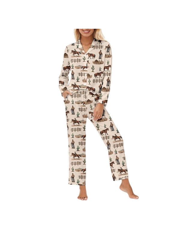 Womens Pajama Sets Western Cowboy & Horse Printed Long Sleeve Sleepwear Sets Button Down Pj Top With Pants Country Style Cozy 2 Piece Pj Sets