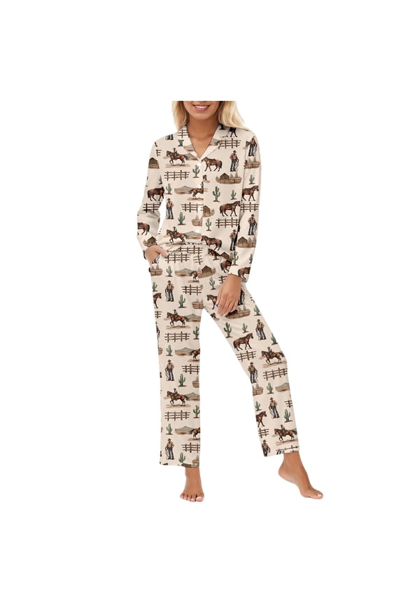 Womens Pajama Sets Western Cowboy & Horse Printed Long Sleeve Sleepwear Sets Button Down Pj Top With Pants Country Style Cozy 2 Piece Pj Sets