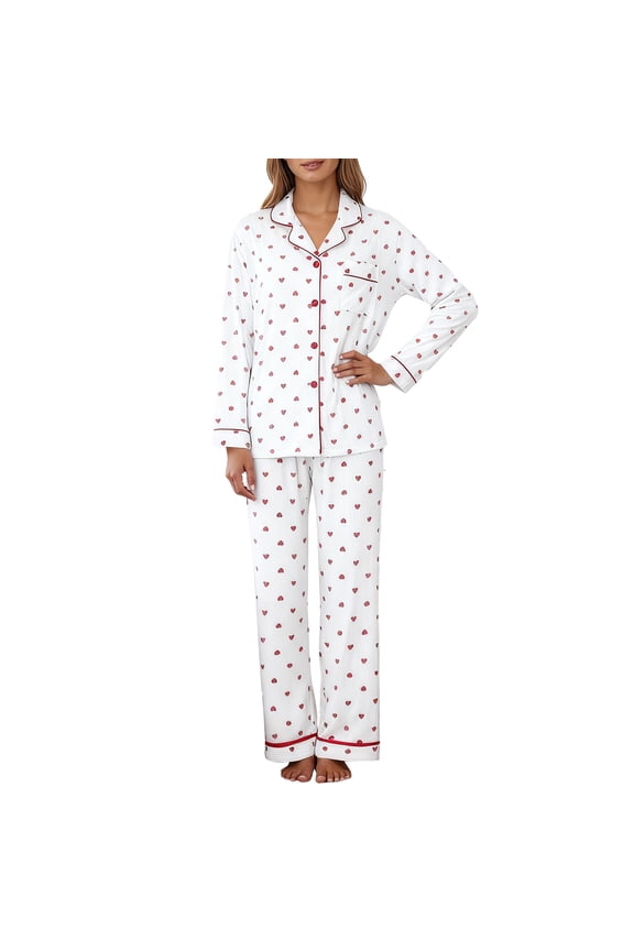 Womens Pajama Sets White Background Red Heart Print Long Sleeve Sleepwear Sets Button Down Top With Pant Delicate Cute 2 Piece Pj Sets