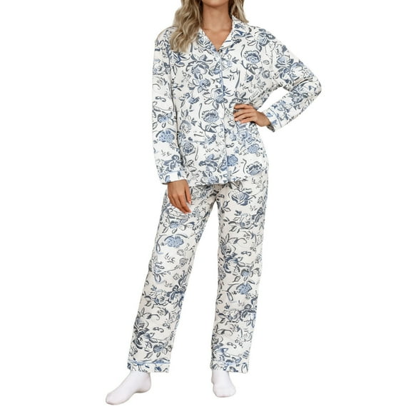 Bibifish Womens Pajama Sets White Blue Peony Printed Button Down Long Sleeve Sleepwear Sets Top With Pant Retro Elegant Nightwear Sets