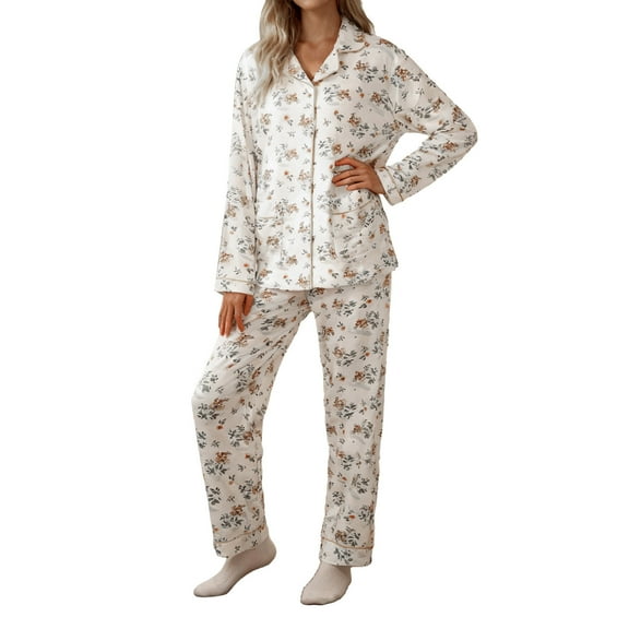 Bibifish Womens Pajama Sets White Floral Printed Button Down Long Sleeve Sleepwear Sets Loose Fit Top With Pant Retro Style Ladies Nightwear Sets