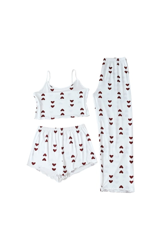 Womens Pajama Sets White Pink Heart & "LOVE" Printed Camisole Sleepwear Sets Top With Shorts & Pant 3-Piece Valentine'S Day Pj Sets
