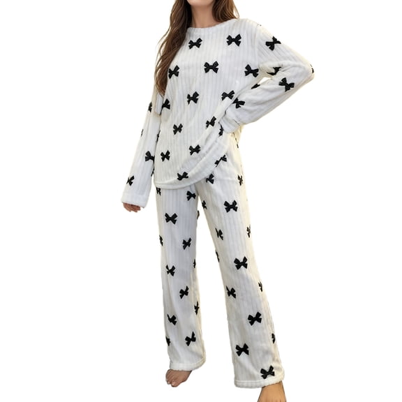 Bibifish Womens Pajama Sets White Ribbed Black Bow Printed Long Sleeve Sleepwear Sets Fleece Top With Wide-Leg Pant Elegant Nightwear Sets