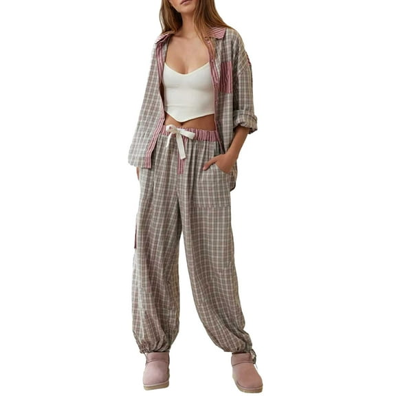 Bibifish Womens Pajamas Sets Baggy Botton Down Pj Sets Sets Long Sleeve Shirts With Jogger Pants 2 Piece Plaid Pattern Sleepwear