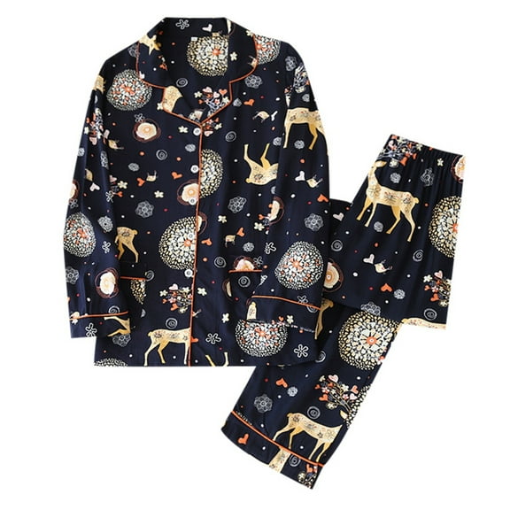 Bibifish Womens Pajamas Sets Christmas Botton Down Long Sleeve Pj Sets Reindeer Printed Lapel Pajamas Tops With Pants Cozy Sleepwear