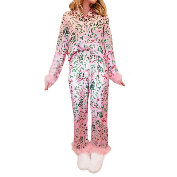 Bibifish Womens Pajamas Sets Fuzzy Trim Long Sleeve Silk Satin Pj Sets Trendy Foral Printed Botton Down Tops And Pants 2 Piece Sleepwear