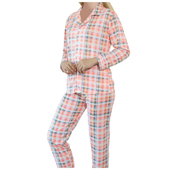 Bibifish Womens Pajamas Sets Plaid Printed Long Sleeve Lapel Button Down Pj Tops And Pants Two Piece Ladies Sleepwear Suits