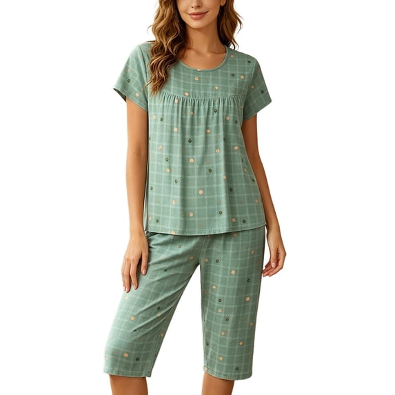Bibifish Womens Pajamas Summer 2 Piece Pj Set Short Sleeve Capri Pants Sleepwear Ladies Home Sleep Nightwear