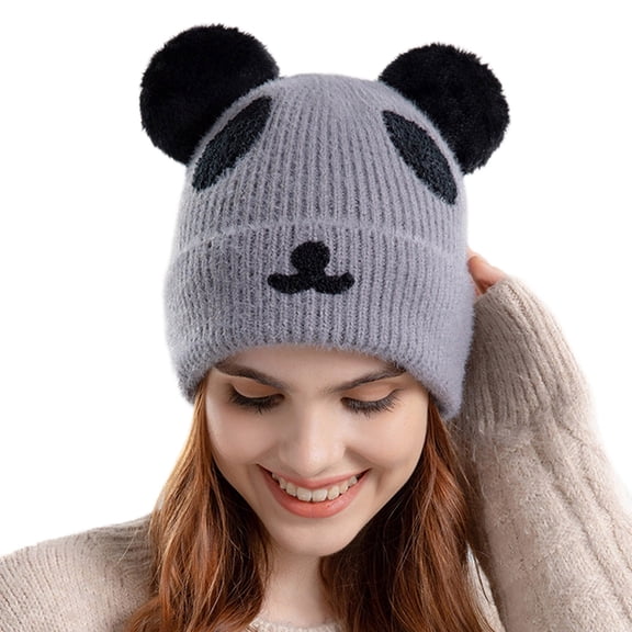 Bibifish Womens Panda Shape Knit Beanie Hat With Fluffy Ear Decor Soft Stretchy Lightweight Hat Daily Casual Wear Cute Stylish Hats