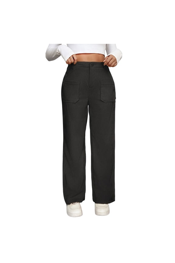 Womens Pants Black Corduroy Side Zipper Pocket Elastic Waist Relaxed Fit Pants Warm Casual Outdoor Walks Daily Wear Practical Trendy Pants