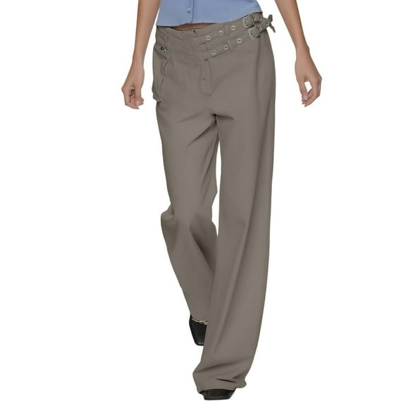 Bibifish Womens Pants Black Wide Leg Casual Pants Metal Buckle Trim High Waist Relaxed Fit Casual Daily Outings Stylish Trendy Pants