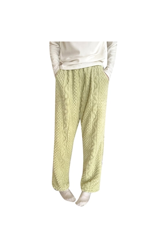 Womens Pants Blue Cable Knit Fuzzy Fabric Elastic Side Pocket Loose Leg Fit Casual Cold Weather Home Wear Cozy Warm Pants