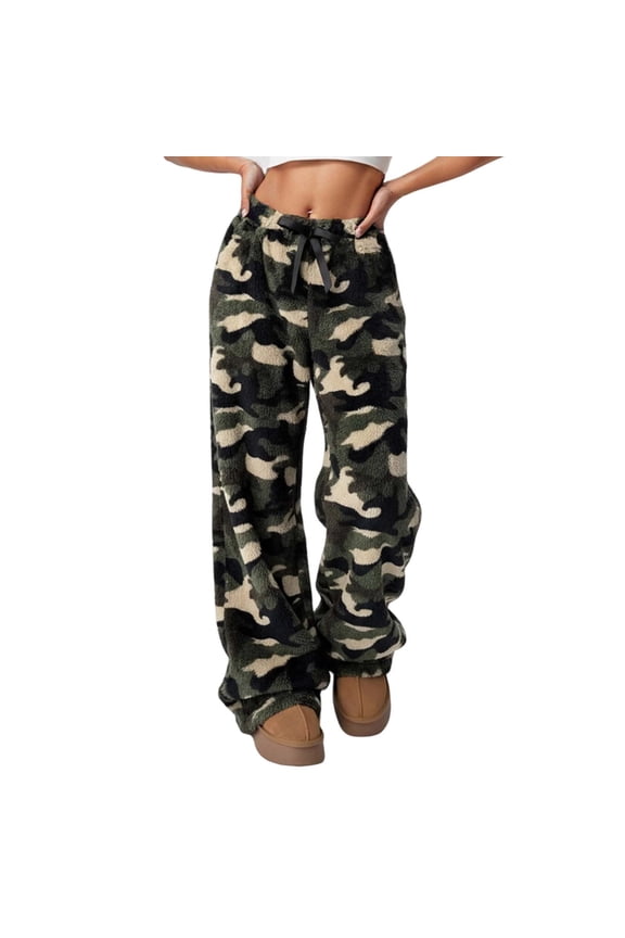 Womens Pants Camouflage Pattern Fuzzy Plush Pants With Drawstring Elastic Waist Loose Fit Casual Winter Warm Cozy Pants