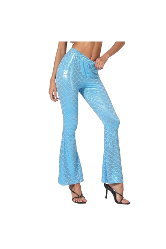 Womens Pants Carnival Sequined Scale Flare Trousers Elastic Waist Slim Fit Colorful Fish Scale Print Bootcut Pants With Pockets