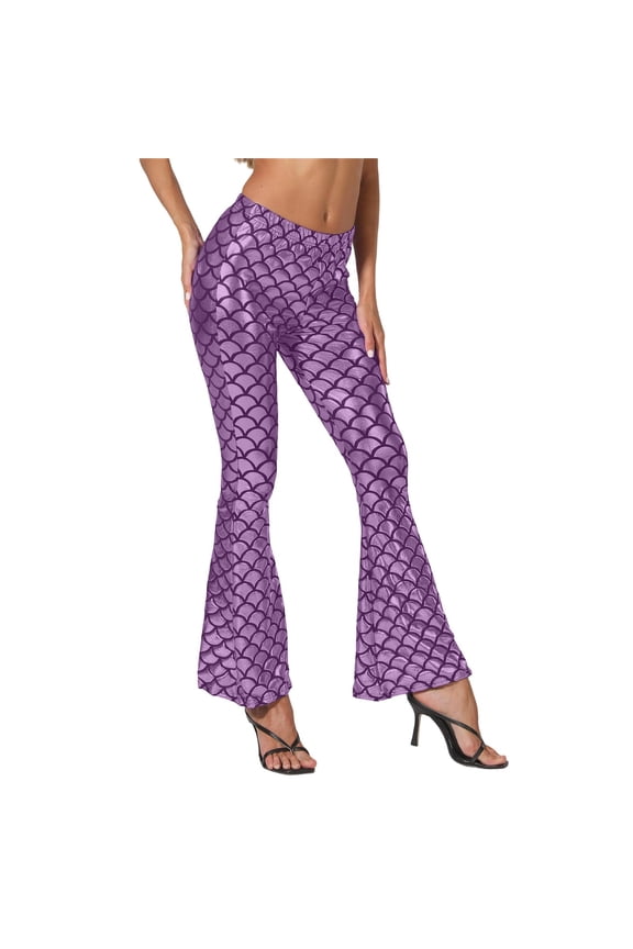 Womens Pants Carnival Sequined Scale Flare Trousers Elastic Waist Slim Fit Colorful Fish Scale Print Bootcut Pants With Pockets