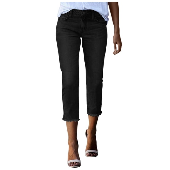 Bibifish Womens Cropped Jeans Distressed Hem High Waist Slim Fit Classic Denim Texture Pants Casual Street Style Daily Errands Timeless Trousers
