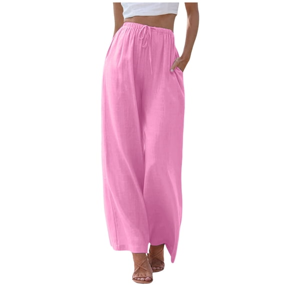 Bibifish Womens Pants Cotton Linen Tie Elastic Waist Casual Long Pants Wide Leg Design Loose Comfortable Daily Wear Trousers