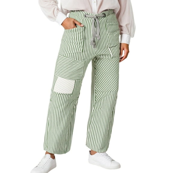 Bibifish Womens Pants Cute Wide Leg Pants With Striped Detail Casual Oversized Drawstring Elastic Waist Trousers With Multi-Pockets