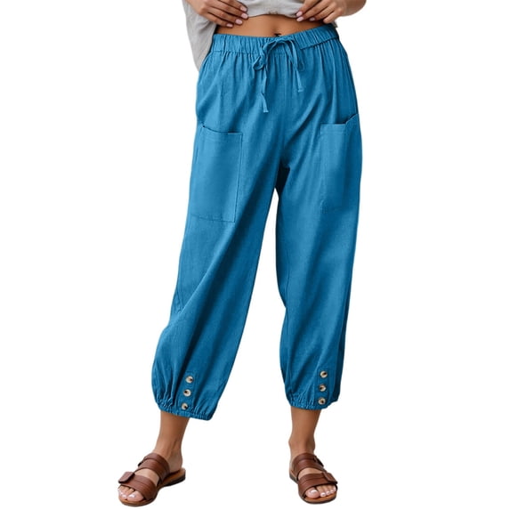 Bibifish Womens Pants Drawstring Waist Side Pocket Lightweight Pants With Button Detail Hem Loose Fit Casual Outings Comfortable Pants