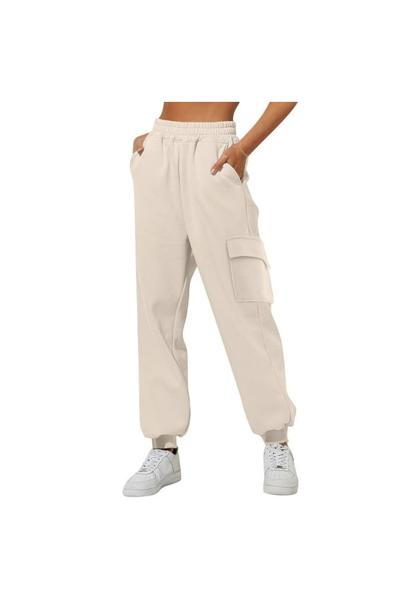 Womens Pants Fleece Lined Ribbed Cuffed Cargo Joggers Solid Color Casual Loose Fit Athletic Sweatpants With Elastic Ankles