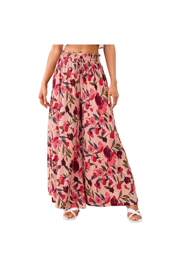 Womens Pants Floral Print Ruffled Waist Elastic Drawstring Pants Silky Wide Leg Fit Casual Garden Parties Charming Pants