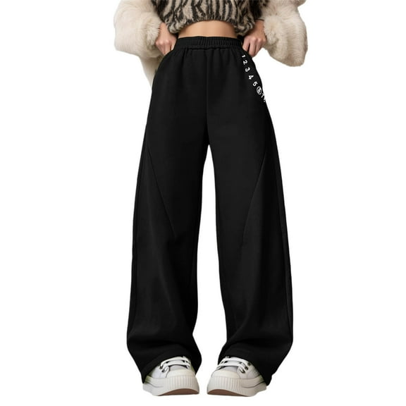 Bibifish Womens Pants High Waisted Oversized Fit Long Straight Leg Trousers Thickened Winter Fall Letter Embroidery Sports Workout Pants