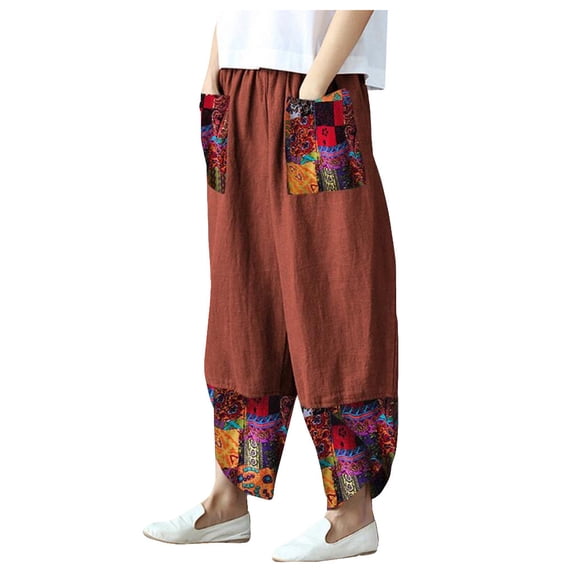 Bibifish Womens Pants Loose Fit Printed Patchwork Elastic Waist Casual Pants Ankle Length Stylish Daily Wear Comfortable Trousers