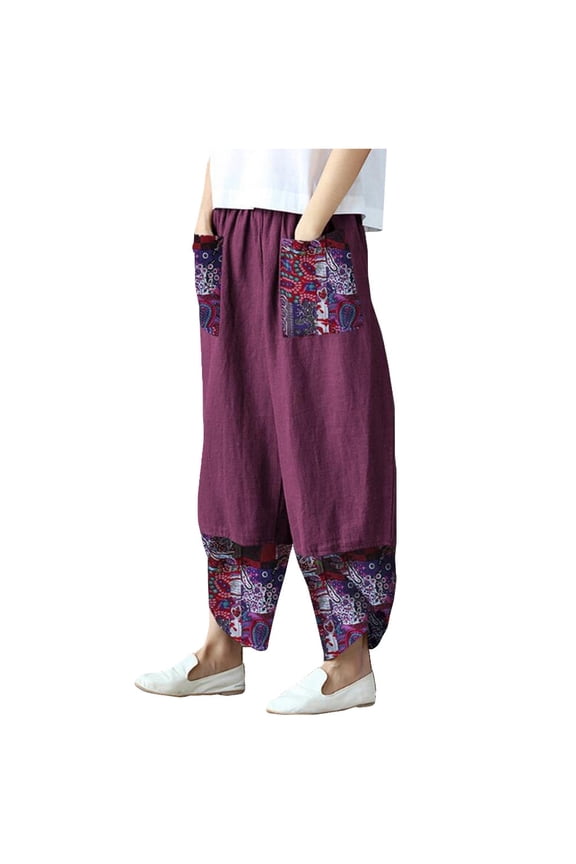 Womens Pants Loose Fit Printed Patchwork Elastic Waist Casual Pants Ankle Length Stylish Daily Wear Comfortable Trousers