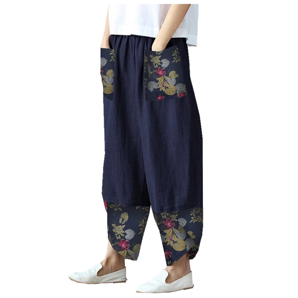 Bibifish Womens Pants Loose Fit Printed Patchwork Elastic Waist Casual ...
