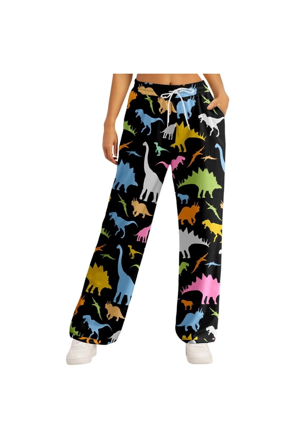 Womens Pants Multicolor Dinosaur Silhouette Print Drawstring Waist Breathable Pants Casual Home Wear Pants With Side Pocket