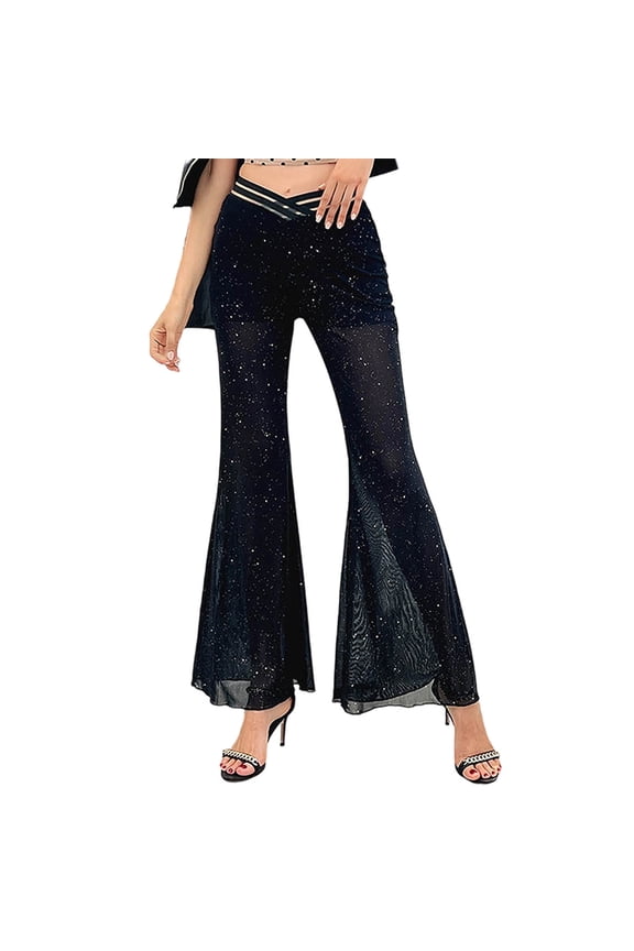 Womens Pants Navy Blue Starry Sequin Velvet Flared Leg Pants Cross Waist Detail Sheer Hem Shiny Casual Party Nights Events Stylish Pants