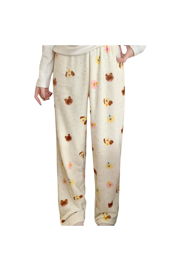 Womens Pants Off-White Bear Print Fuzzy Drawstring Waist Wide-Leg Fit Pants Home Wear Daily Errands Adorable Cozy Flannel Pajama Pants