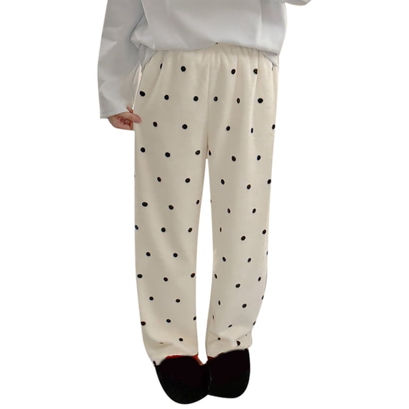 Bibifish Womens Pants Black Polka Dot Print Fuzzy Fabric Elastic Waisit Loose Leg Fit Casual Cold Weather Home Wear Warm Cute Pants For Ladies