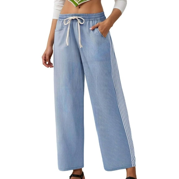 Bibifish Womens Pants Oversized Fit Casual Striped Drawstring Cropped Trousers Summer Fall Cozy Elastic Waist Long Straight Ladies Bottoms